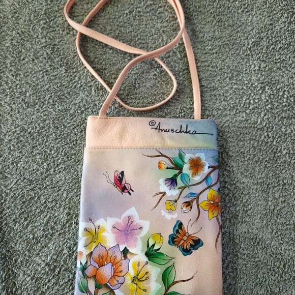 Anuschka Hand Painted Leather Mini Travel Crossbody Bag - Japanese Garden - Picture 3 of 5